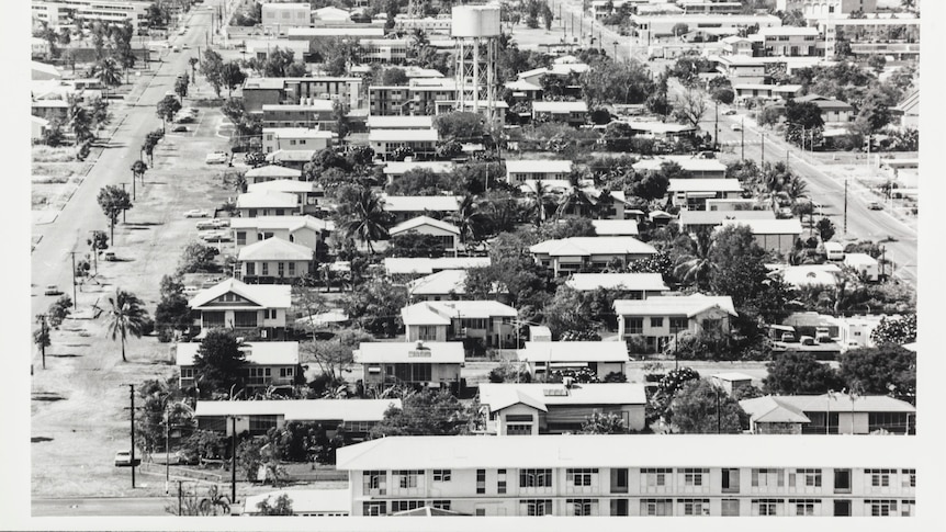 A black and white historical image showing an aerial view of buildings in the Darwin city area in 1978.