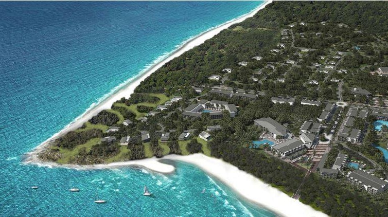 An artist's impression of an island with resort on it from above
