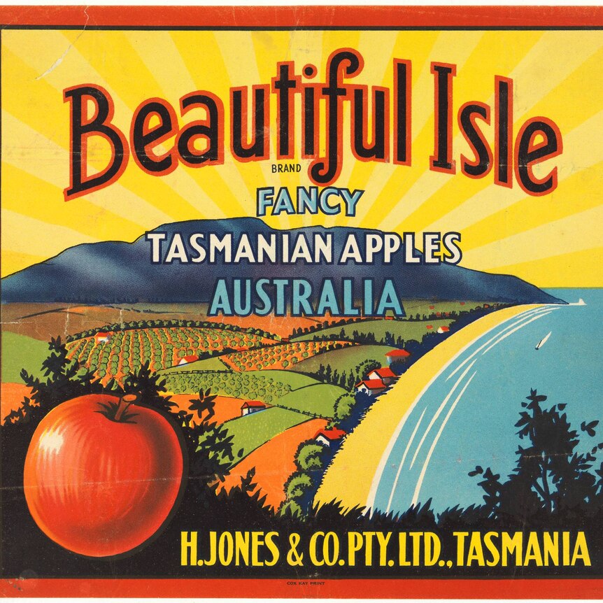 a colourful historic apple case label that says 'apple valley packing house cygnet tasmania'
