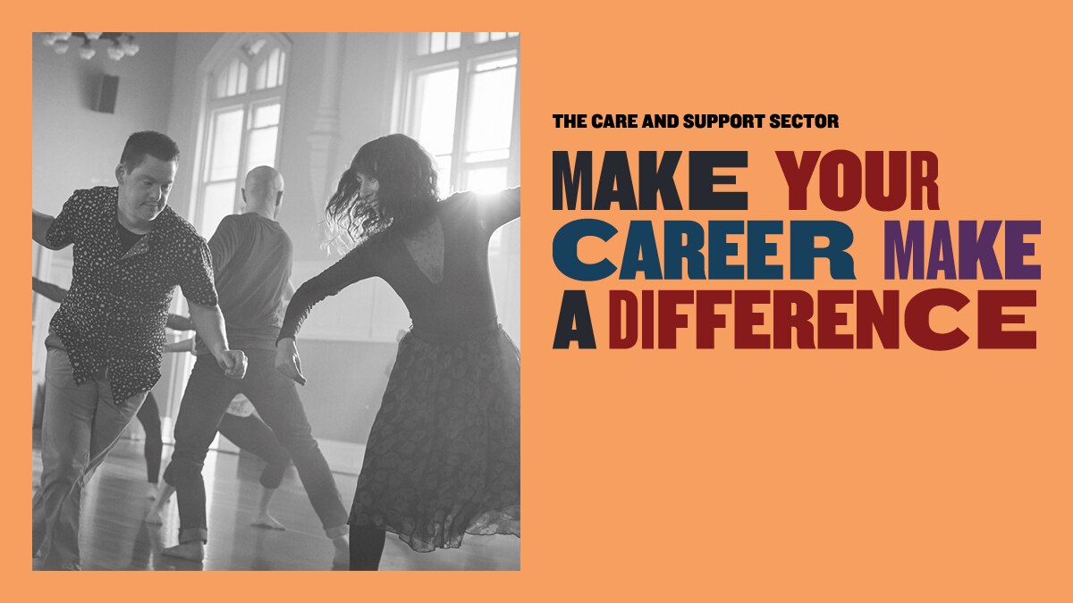 A black and white image of a man and woman dancing next to the words 'make your career make a difference'.