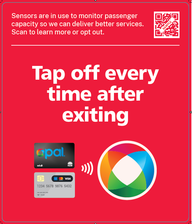 A picture of a red poster with Opal card logos on it, informing commuters to access a QR code for more information.