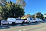 a long line of police cars parked on a suburban street