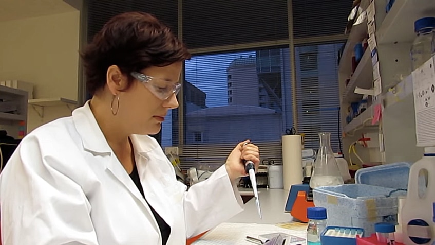 Dr Rachael Dunlop with short brown hair and white lab coat does some lab work with a pipette