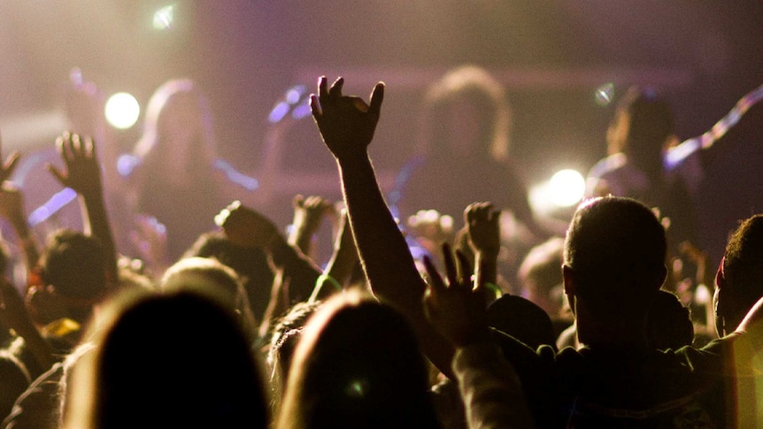 An image of people at a music gig in the crowd with their hands up