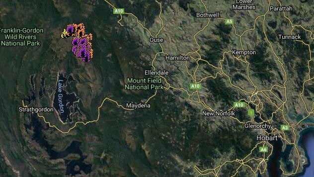 Map showing fire at Gell River in Tasmania