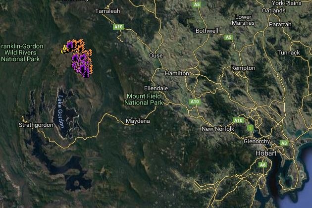 Map showing fire at Gell River in Tasmania