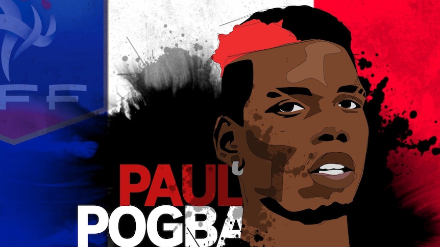 A graphic of Paul Pogba over the French flag.