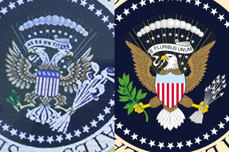 A composite image comparing the doctored presidential seal and official presidential seal.