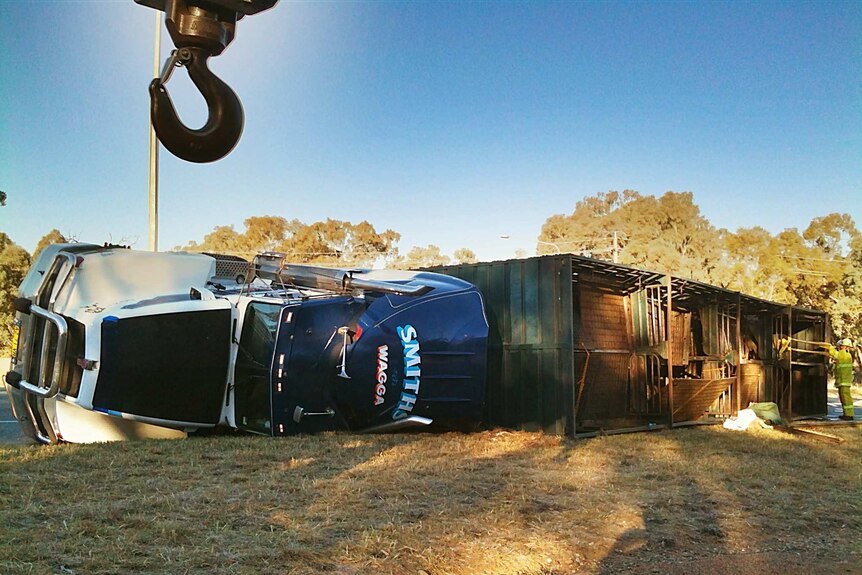 The truck rolled over on the corner of Fairbairn Avenue and Northcott Drive in Campbell.