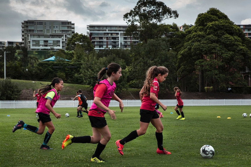 Several young girls run with a soccer ball