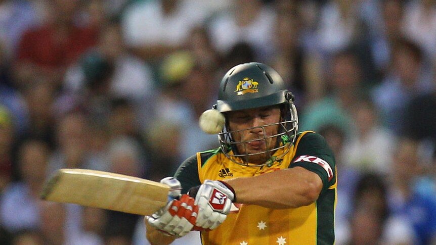 Impressive showing ... Aaron Finch shook off a ball to the helmet, going on to make an unbeaten 53.