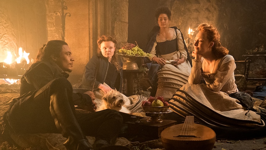 Colour still of Ismael Cruz Cordova, Maria Dragus, Mary Seton and Saoirse Ronan in 2018 film Mary Queen of Scots.