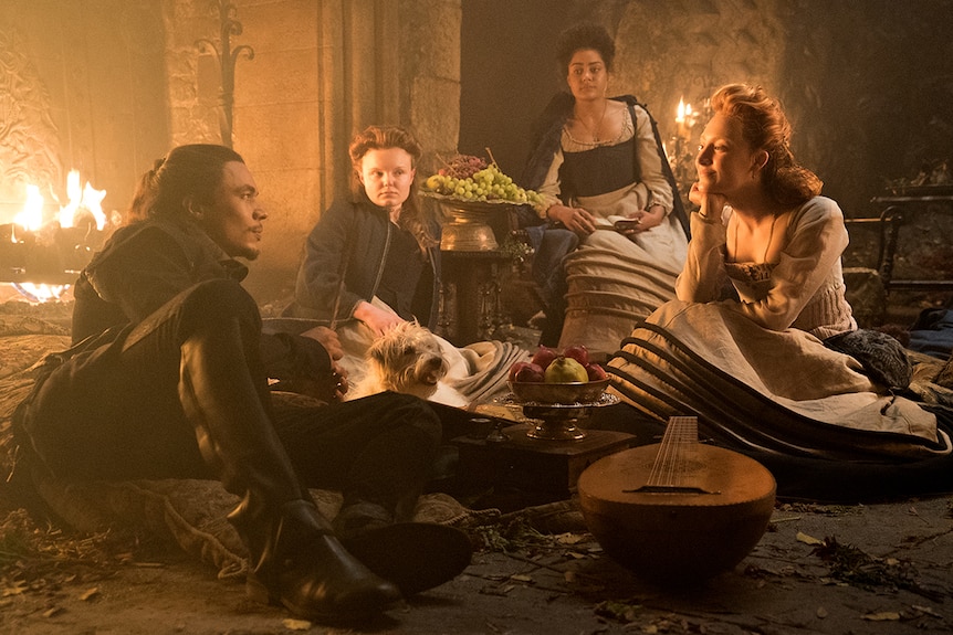 Colour still of Ismael Cruz Cordova, Maria Dragus, Mary Seton and Saoirse Ronan in 2018 film Mary Queen of Scots.