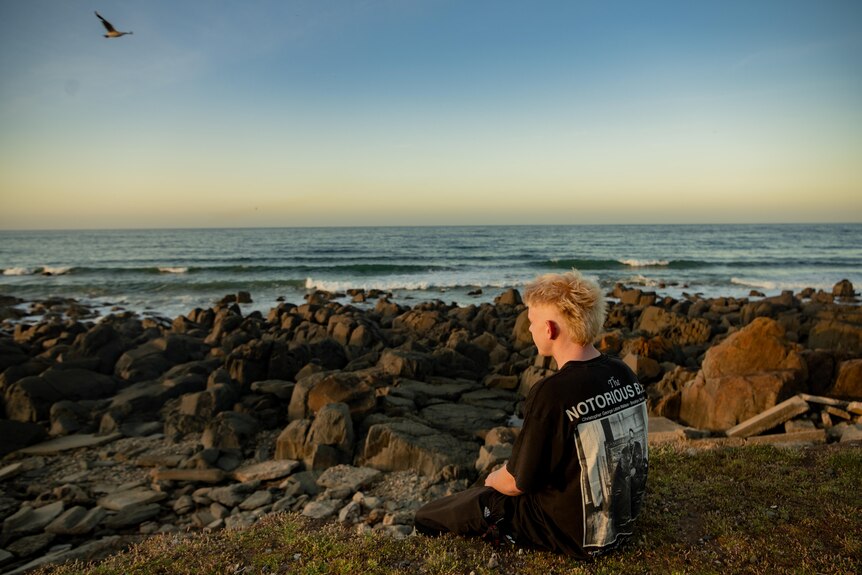 Boy stands on grassy area near rocks and foreshore. 