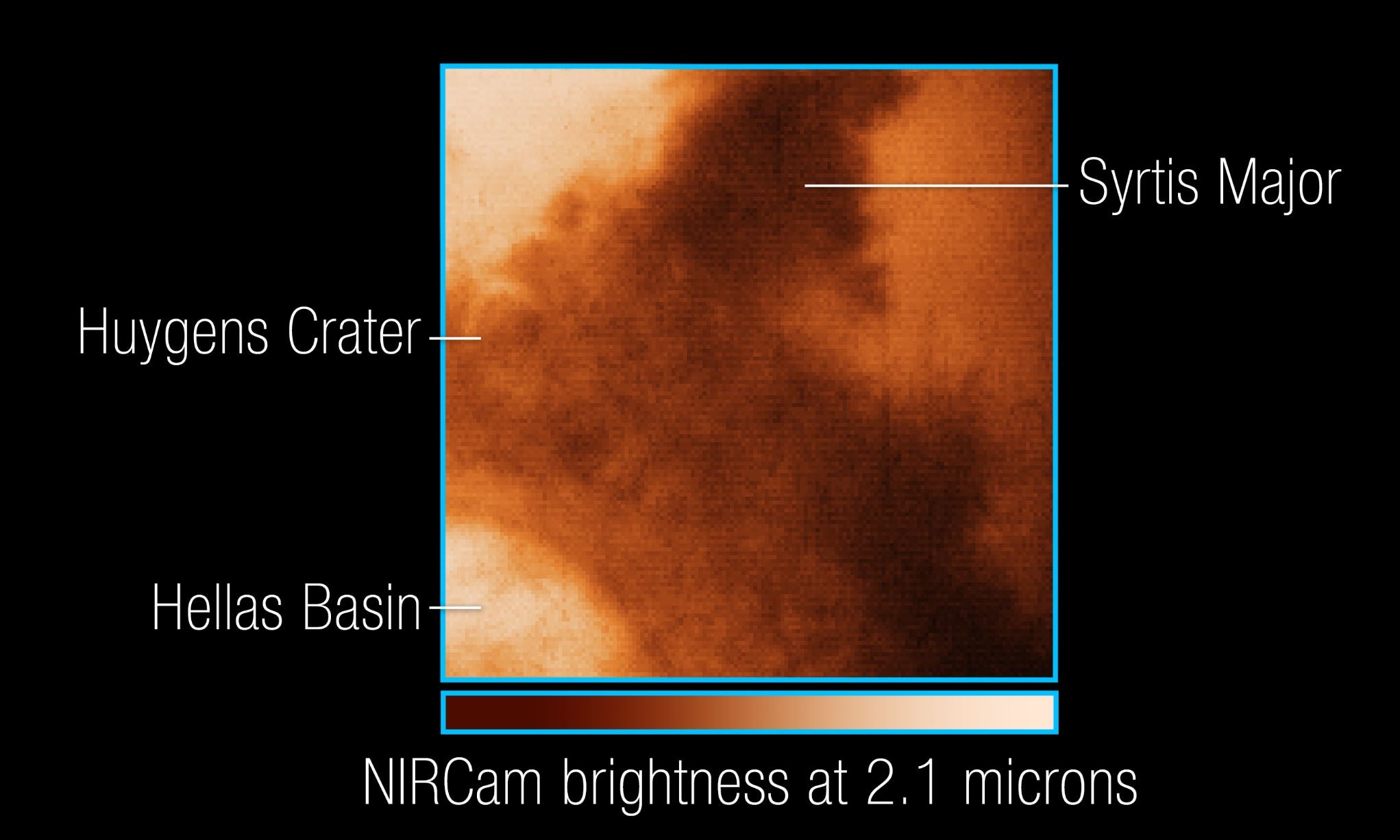 An image of Mars with Huygens Crater, Hellas Basin and the Syrtis Major pointed out.