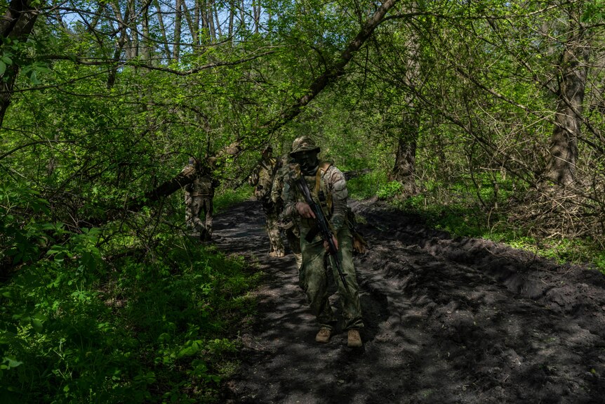 Ukrainian soldiers walk through bush land during military training in central Ukraine