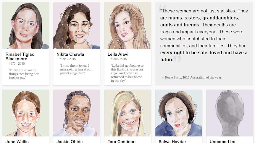 Photo of artist's drawing of women who've died from domestic violence.