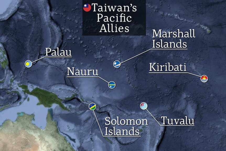 A map showing Taiwan's six allies in the Pacific region: Palau, Nauru, Marshall Islands, Kiribati, Solomon Islands and Tuvalu.