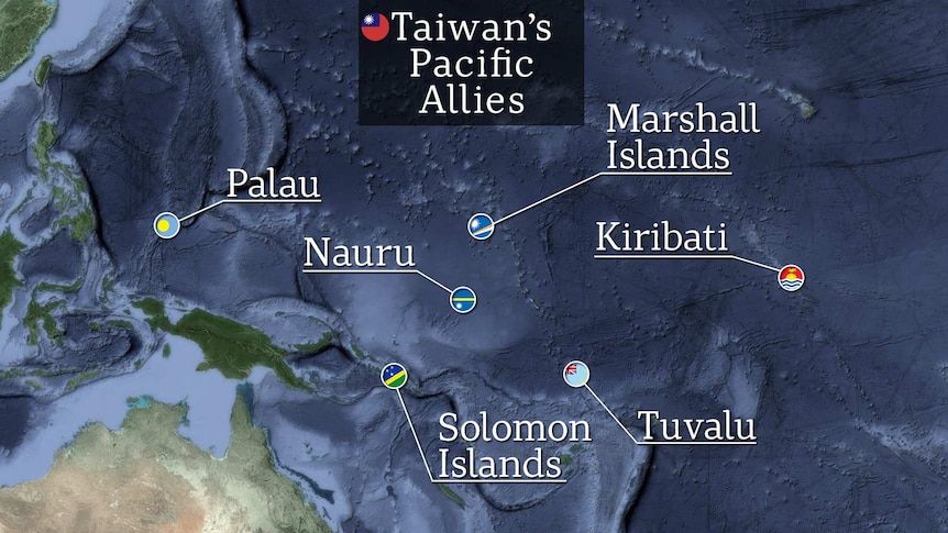 A map showing Taiwan's six allies in the Pacific region: Palau, Nauru, Marshall Islands, Kiribati, Solomon Islands and Tuvalu.