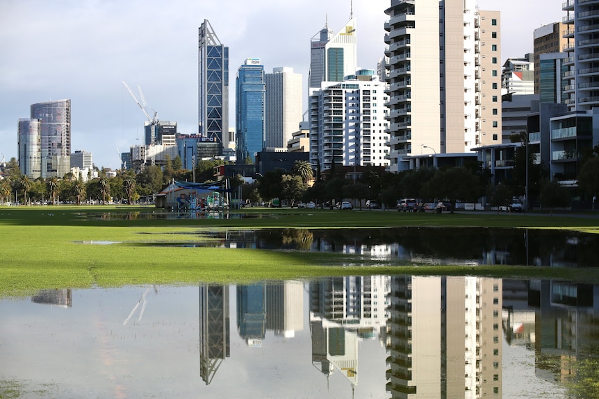 A photo of Perth CBD buildings reflected in a puddle at Langley Park.