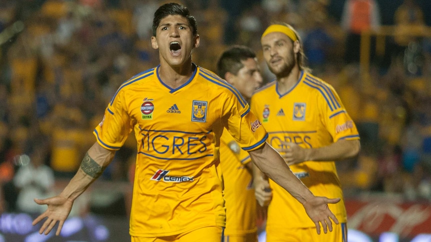 Tigre's Alan Pulido celebrates after scoring against Atlas during the 2014 Mexican Clausura tournament.