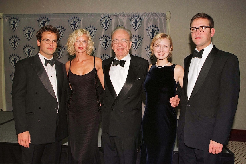 Lachlan Murdoch, Sarah Murdoch, Rupert Murdoch, Kathryn Murdoch and James Murdoch in black tie