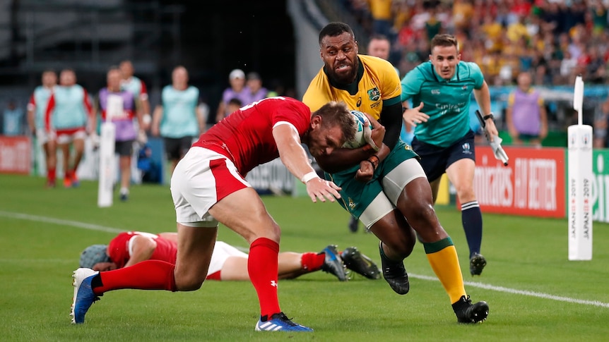 Samu Kerevi braces for impact while running the ball for the Wallabies down the wing against Wales