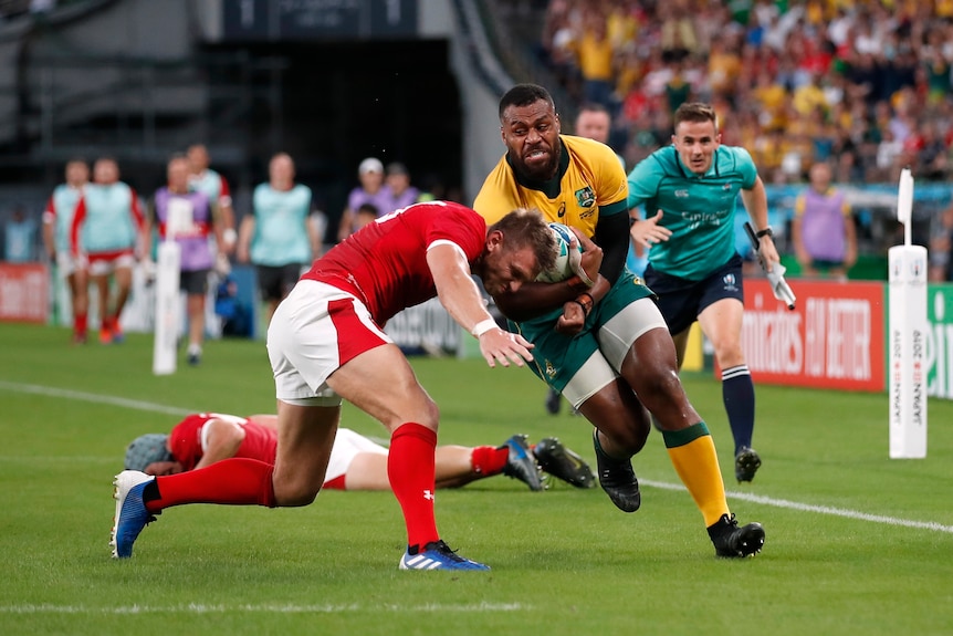 Samu Kerevi braces for impact while running the ball for the Wallabies down the wing against Wales