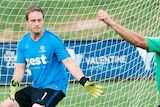 Pararoos goalkeeper Chris Barty moves to save a ball in training.