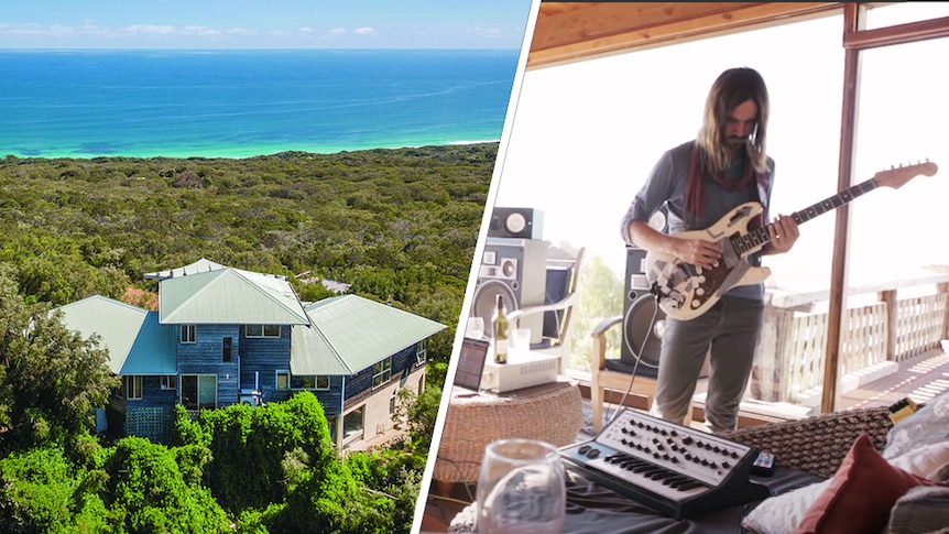 A bird's eye view of the Yallingup Wave House and Tame Impala's Kevin Parker recording inside