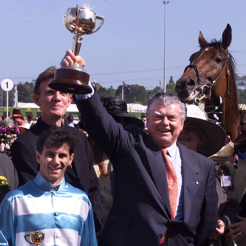 Bart Cummings celebrates the 1999 Melbourne Cup win of Rogan Josh