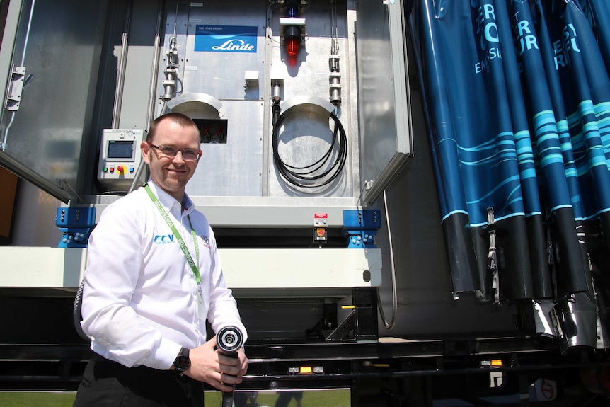 Matthew Macleod with Toyota's portable refueller.