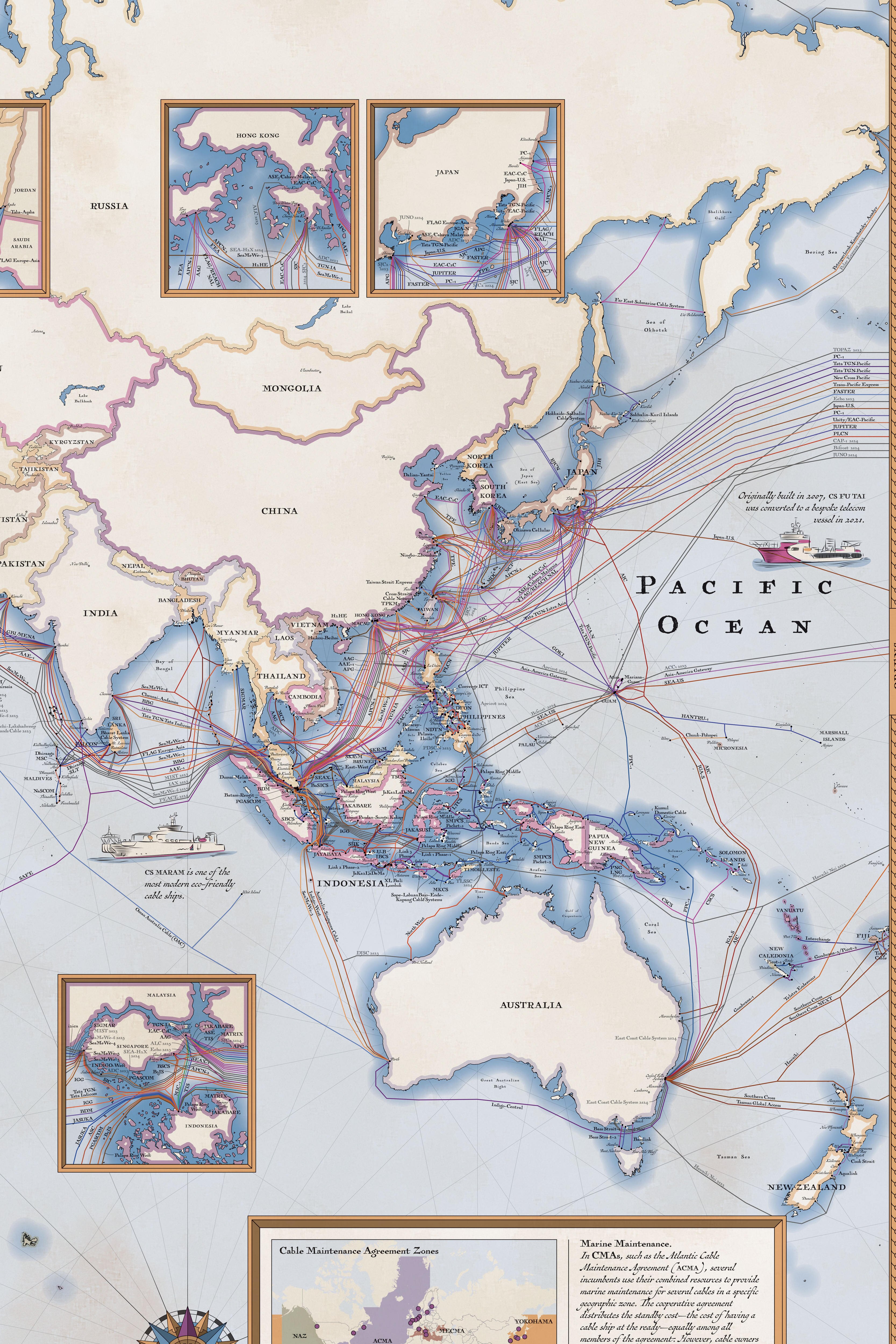 Image of a map of Australia and surrounding countries depicting multiple sub cables joining together.