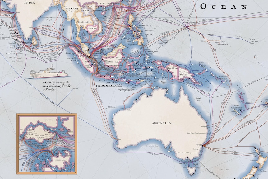Image of a map of Australia and surrounding countries depicting multiple sub cables joining together.