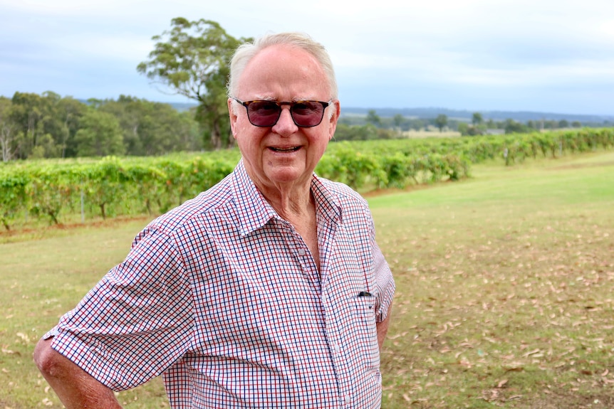 Un hombre mayor parado en un campo de viñedos 