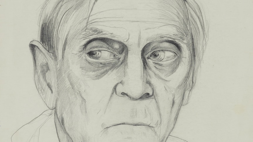 Study of Patrick White by Brett Whiteley. Pencil on white cardboard. It was created for the portrait Patrick White at Centennial Park 1979-1980. It is on show at the National Portrait Gallery in Canberra from May 9, 2012 - July 22, 2012.