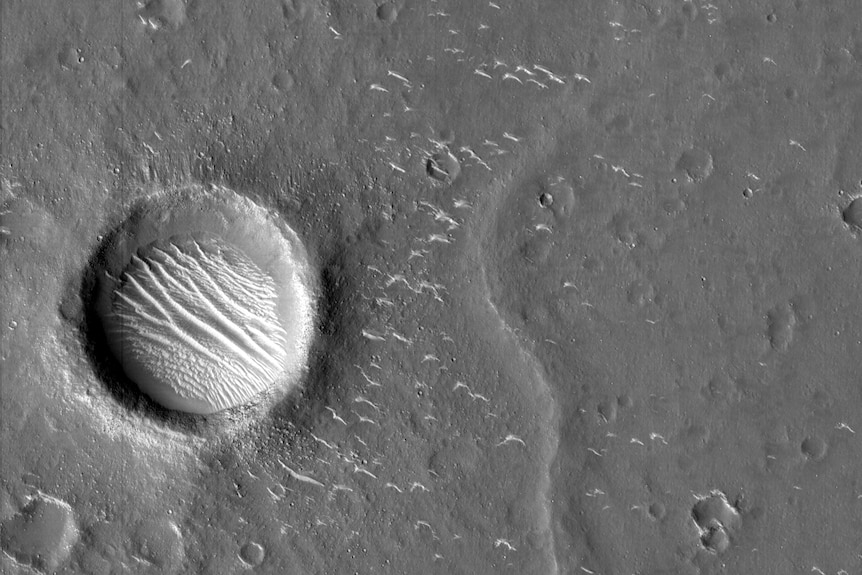 Czarno-biały obraz powierzchni Marsa w wysokiej rozdzielczości