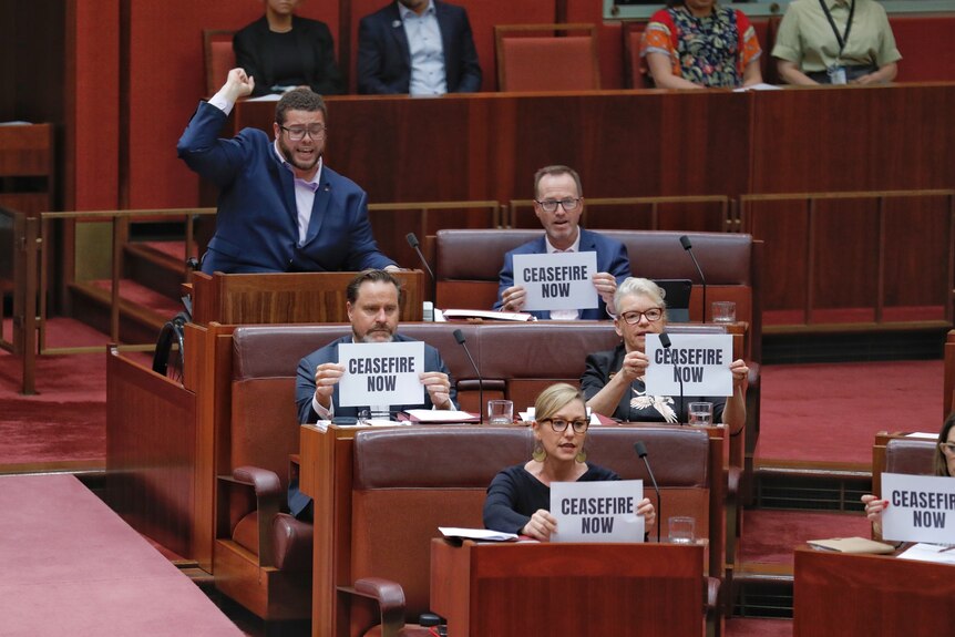 Politicians hold up printed paper saying ceasfire now inside parliament 