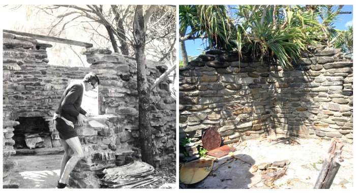 On the left is a historical picture of a man building a brick house and on the right is a colour picture of structure's remains.