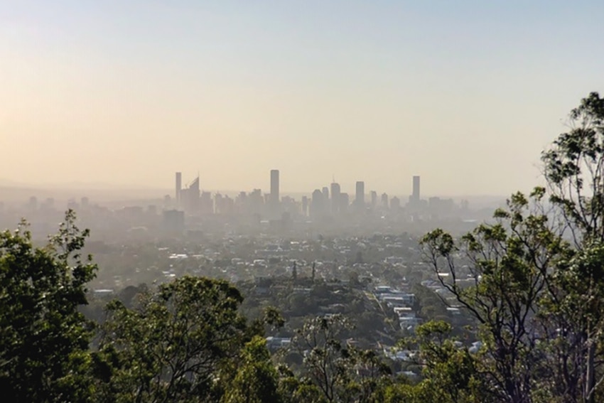 A dust haze over the Brisbane CBD