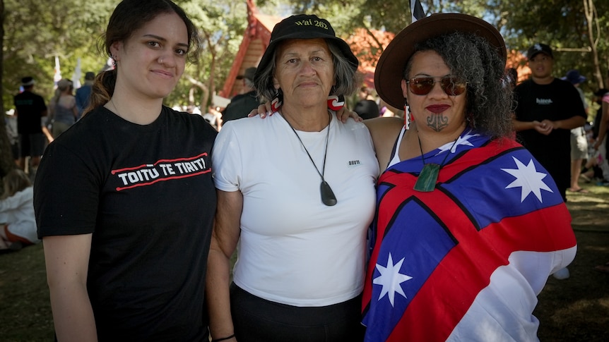 Three generations of women stand together, Pounamu is 18, then her grandmother Ihapera, 66, and mother Natasha, 40. 