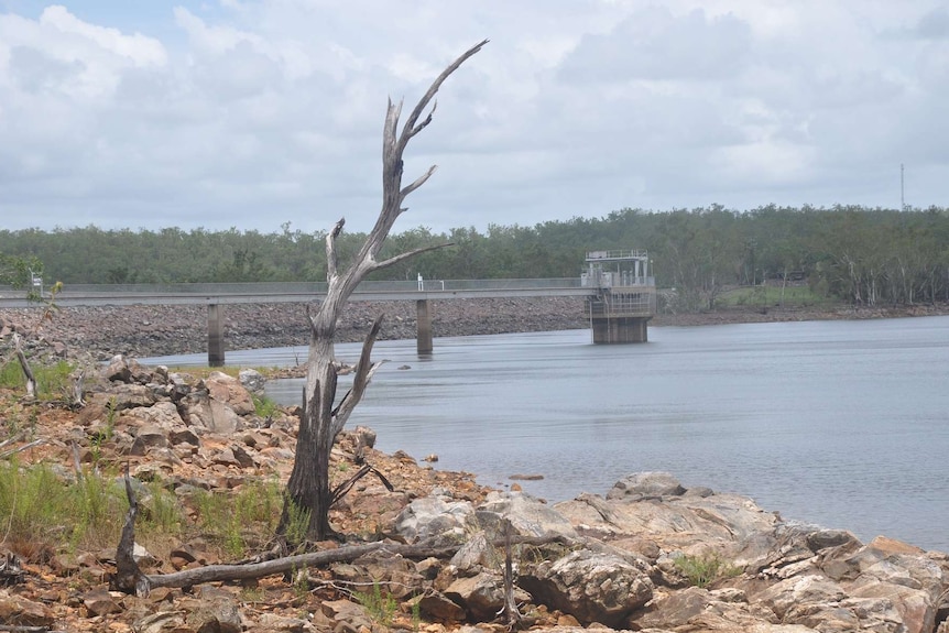 A shot of Darwin River Darwin beneath overcast skies.