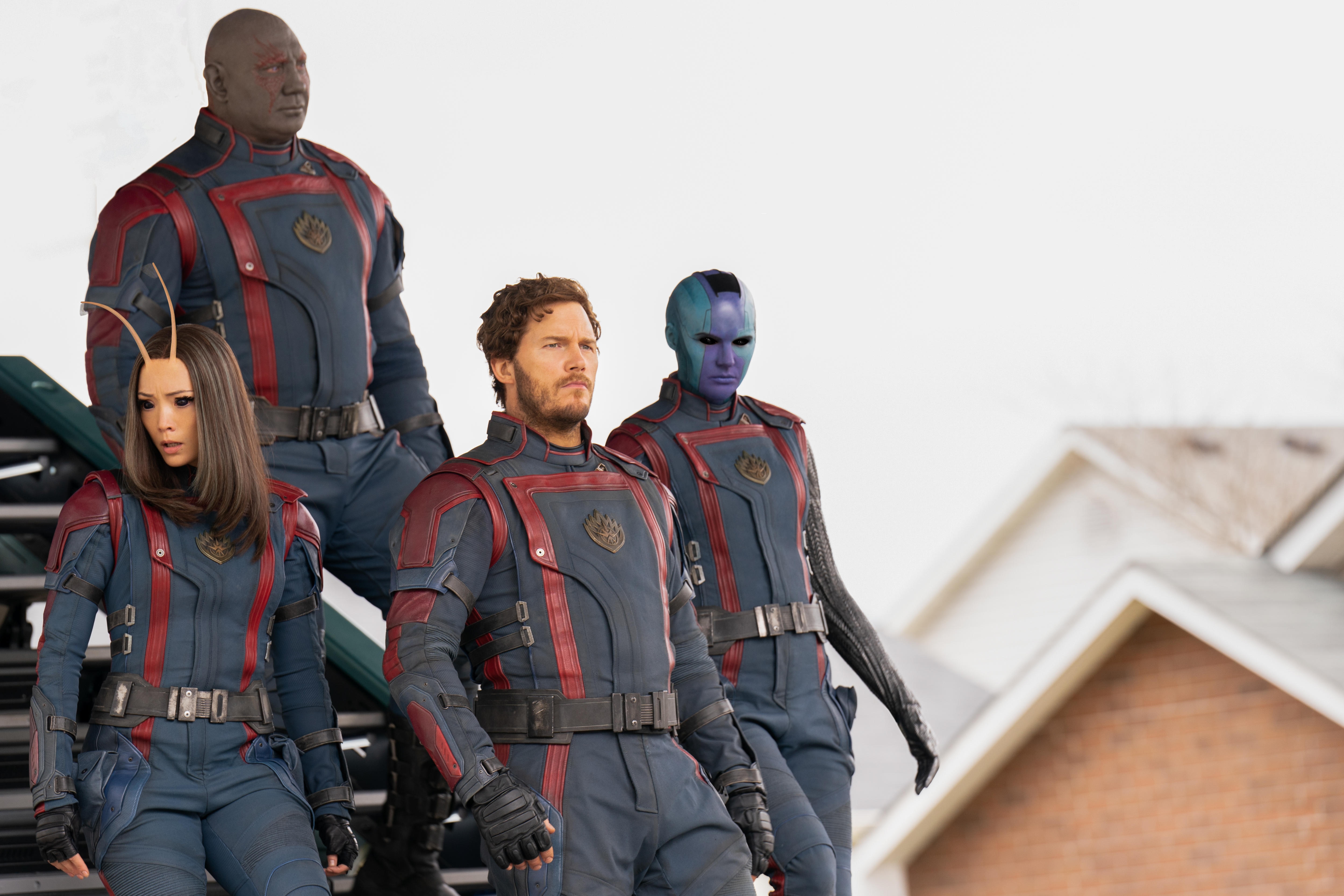 Pom Klementieff, Dave Bautista, Chris Pratt and Karen Gillan in Guardians of the Galaxy 3 