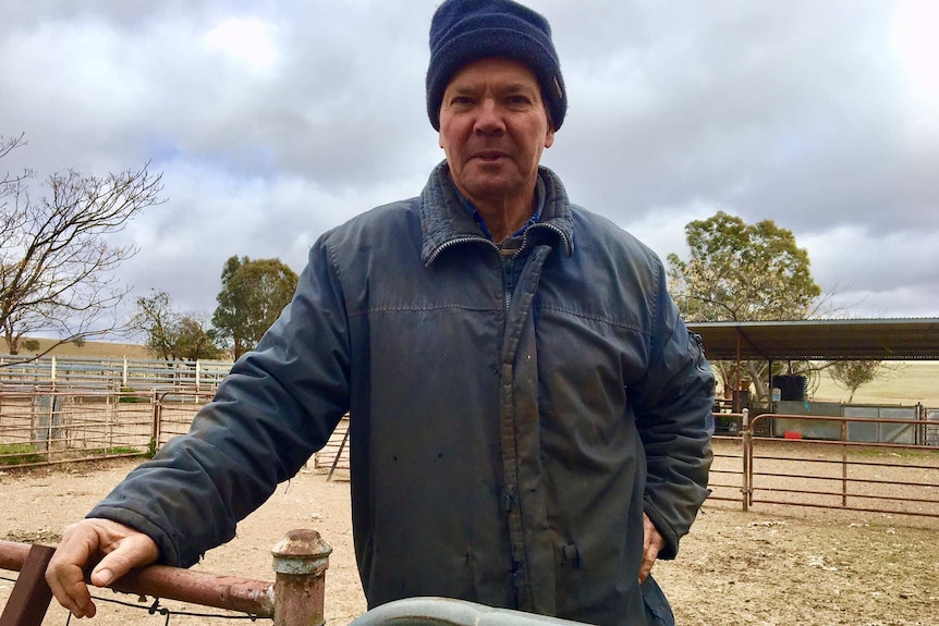 A farmer leans on a gate with farm railing behind him