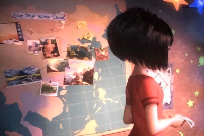 A screenshot of a girl in front of a map of China with the nine dash line ruled into the sea, with a red cross drawn on top.