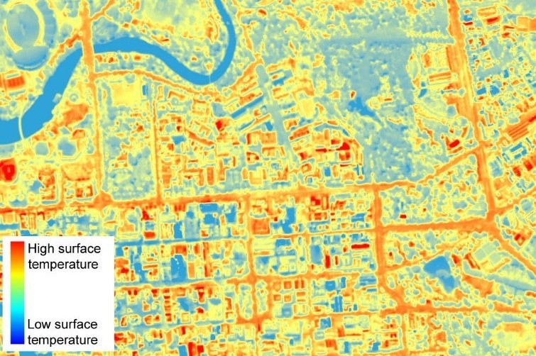 map of blue yellow and red lines and spots