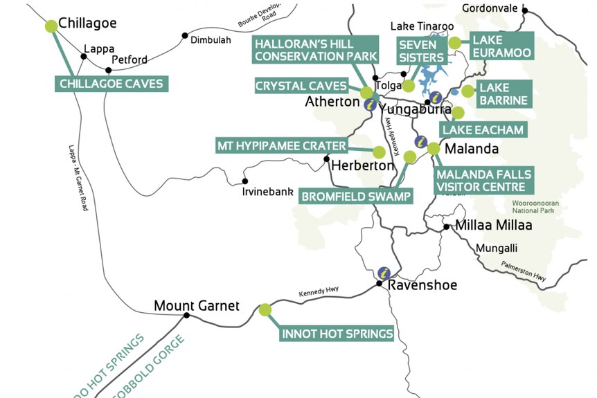 A map of the some of the extinct volcanoes around the Atherton Tablelands 