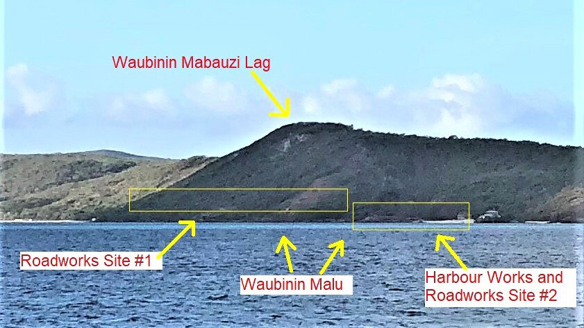 Photo of Muralug Island with annotations showing the site of proposed roadworks and harbour works.