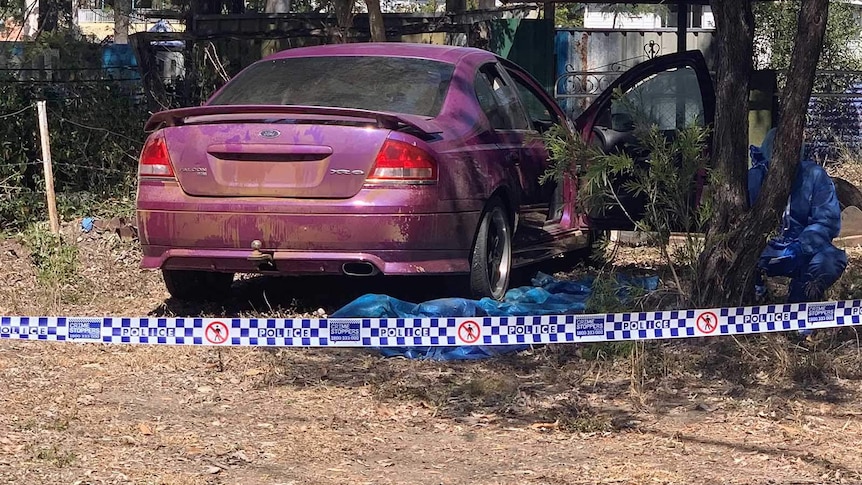 A purple sedan abandoned in bush near a wire fence being photographed by police