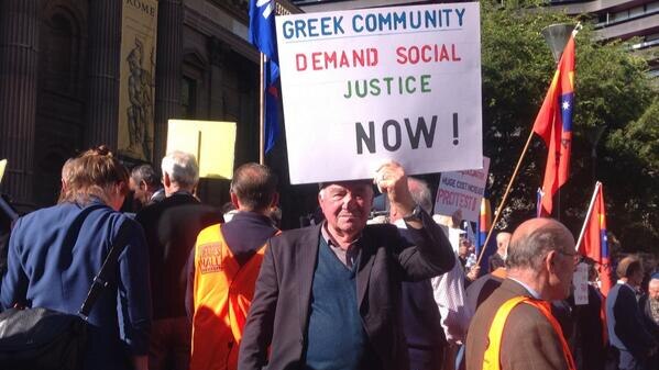 Members of Melbourne's Greek community join pensioner rally against cuts in federal budget
